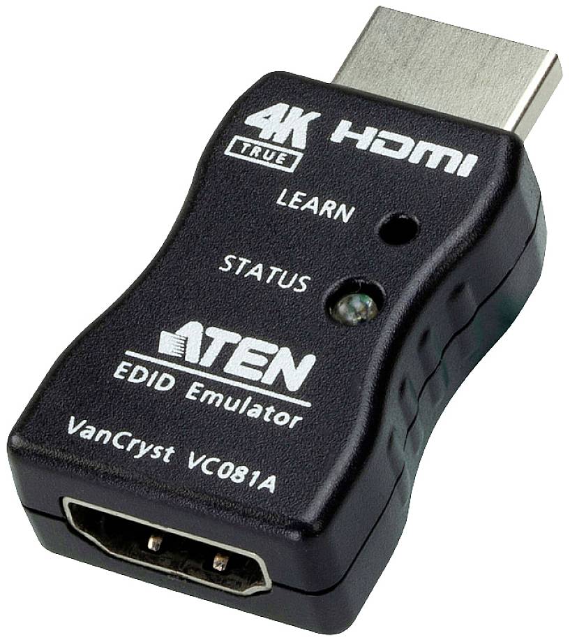 Ein schwarzer ATEN EDID Emulator für HDMI-Verbindungen mit zwei Leuchten für 'LEARN' und 'STATUS'. Unterstützt 4K UHD.