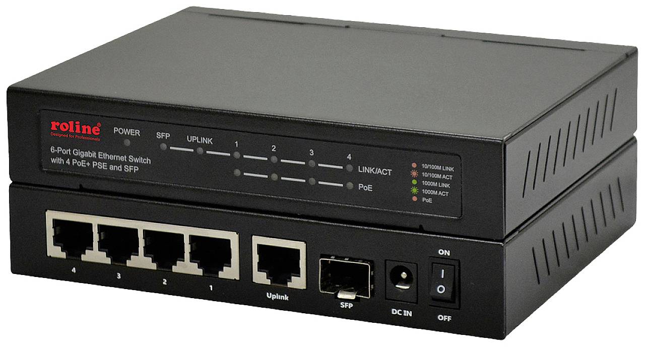 Ein schwarzer Netzwerk-Switch mit sechs Ethernet-Ports, SFP-Anschluss und PoE-Funktion, geeignet für Gigabit-Verbindungen.