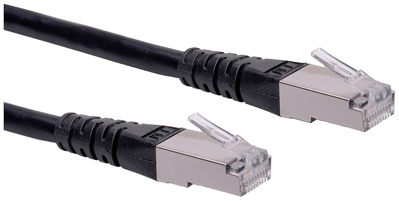 Zwei schwarze Ethernet-Kabel mit silbernen Steckern, die zur Datenübertragung zwischen Geräten verwendet werden.
