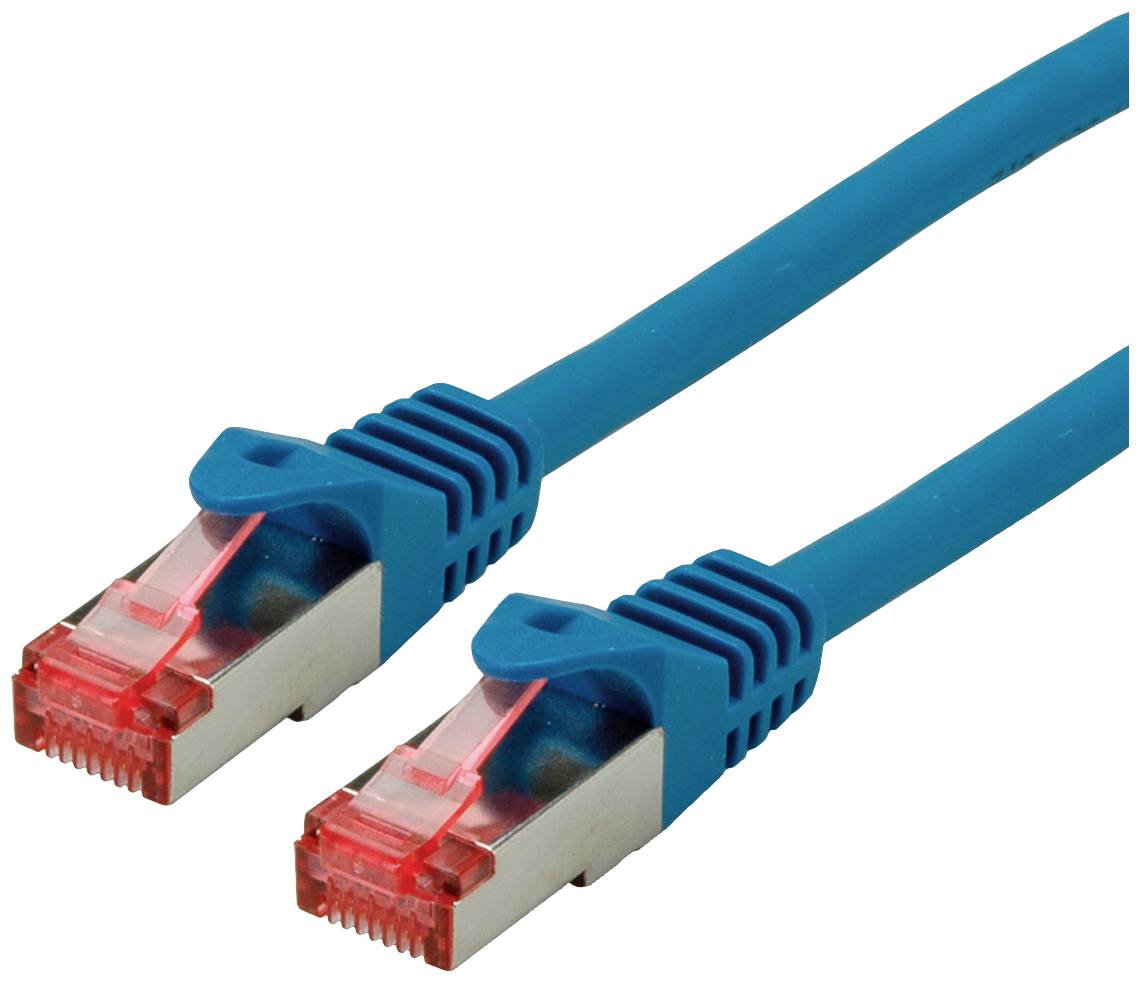 Zwei blaue Ethernet-Kabel mit roten Steckern gezeigt. Sie sind für Netzwerkverbindungen vorgesehen.