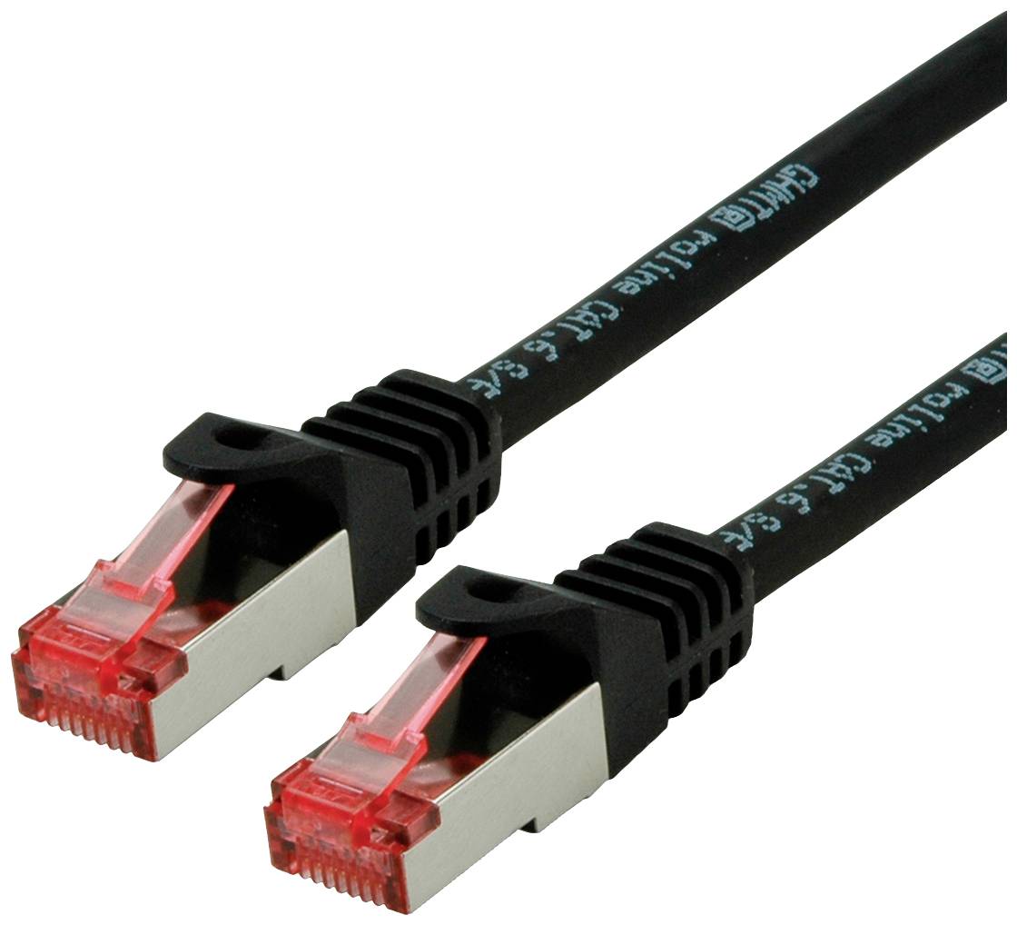 Zwei schwarze Netzwerkkabel mit roten RJ45-Steckern für schnelle Datenübertragung.