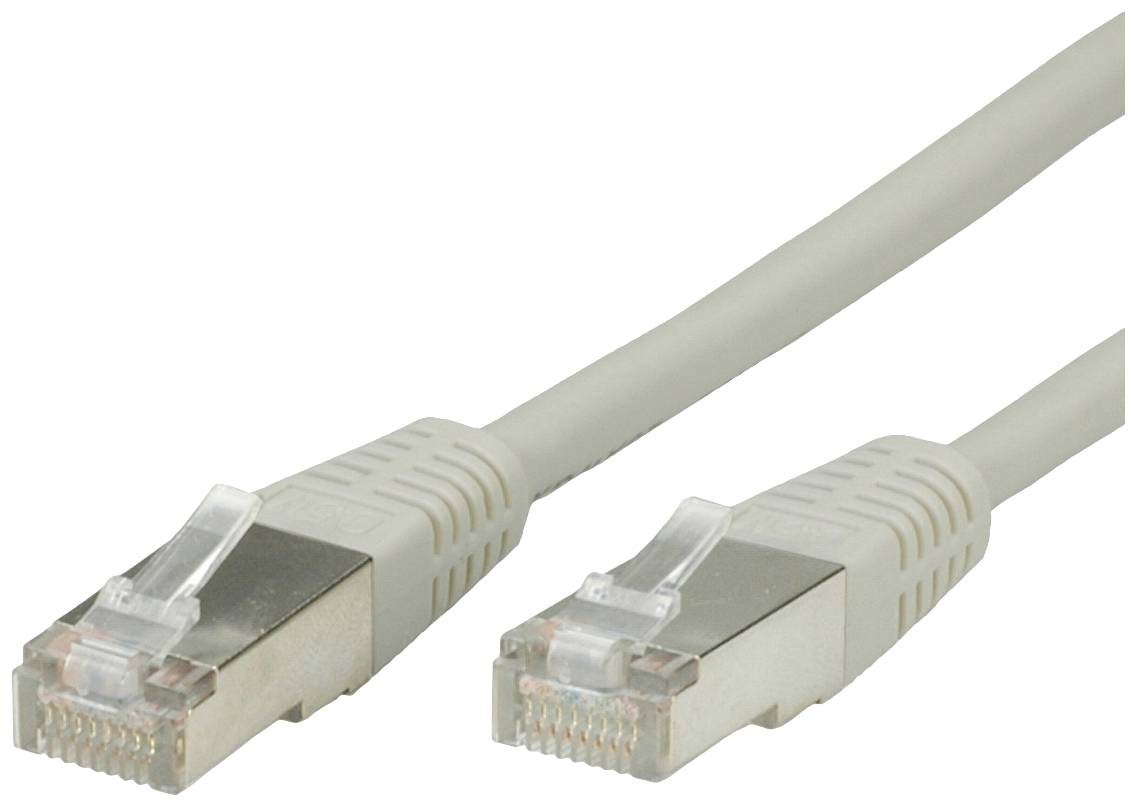 Ein graues Ethernet-Kabel mit zwei RJ45-Steckern, das für Netzwerkverbindungen verwendet wird.