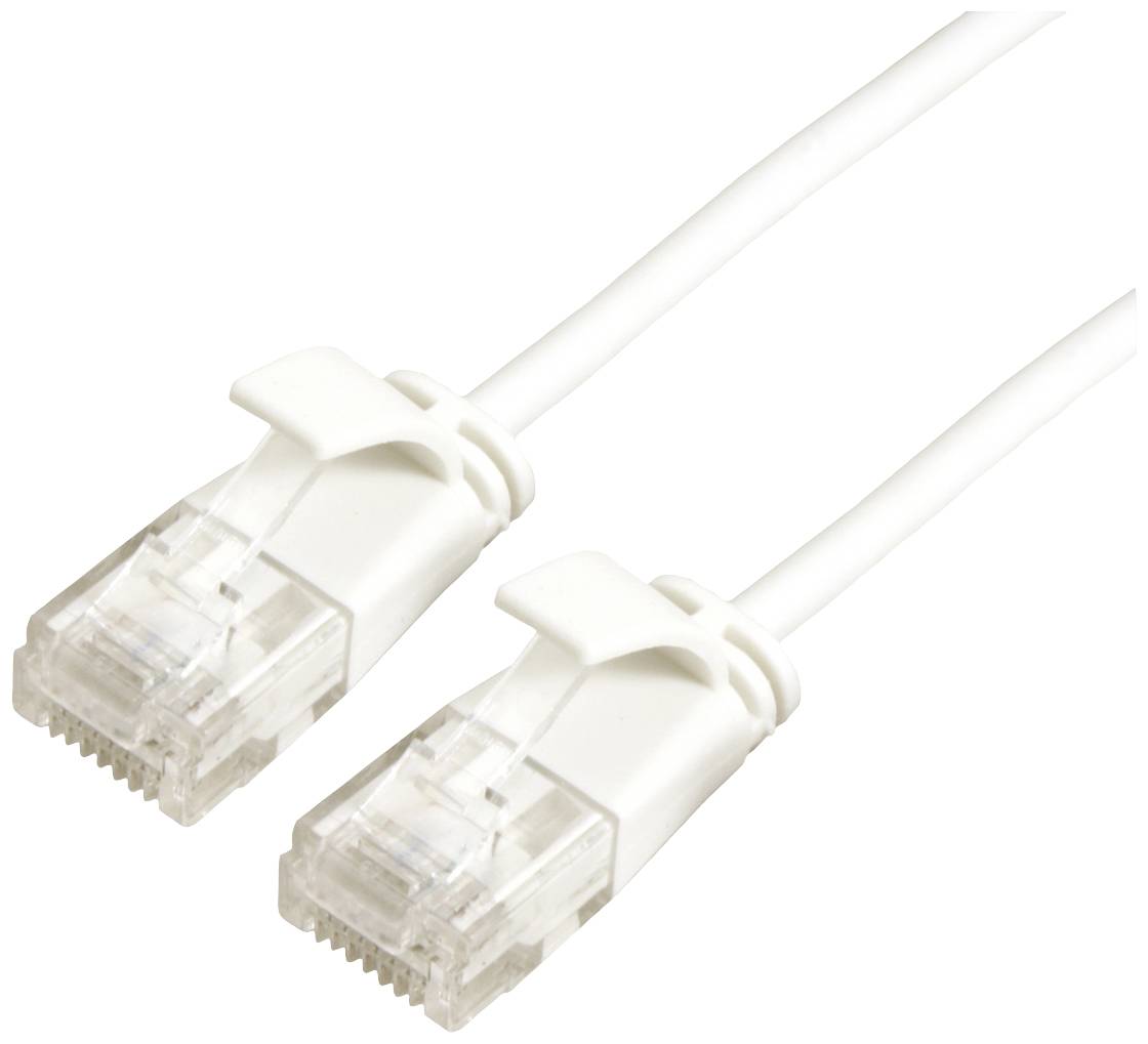 Ein weißes Ethernet-Kabel mit zwei durchsichtigen RJ-45-Steckern an den Enden.