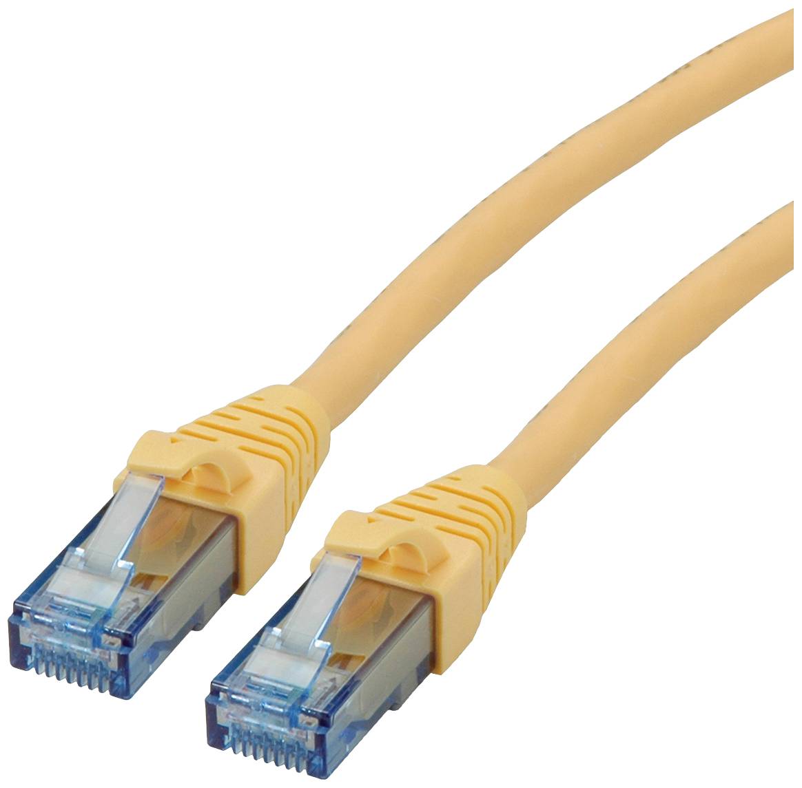 Ein gelbes Ethernet-Kabel mit zwei blauen RJ-45-Steckern.