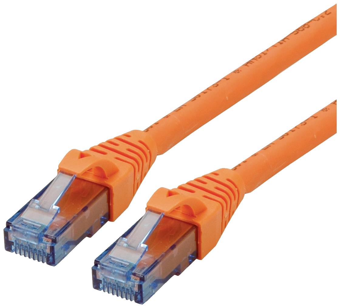 Orange Ethernet-Kabel mit blauen Anschlüssen, verwendet für Netzwerkverbindungen.