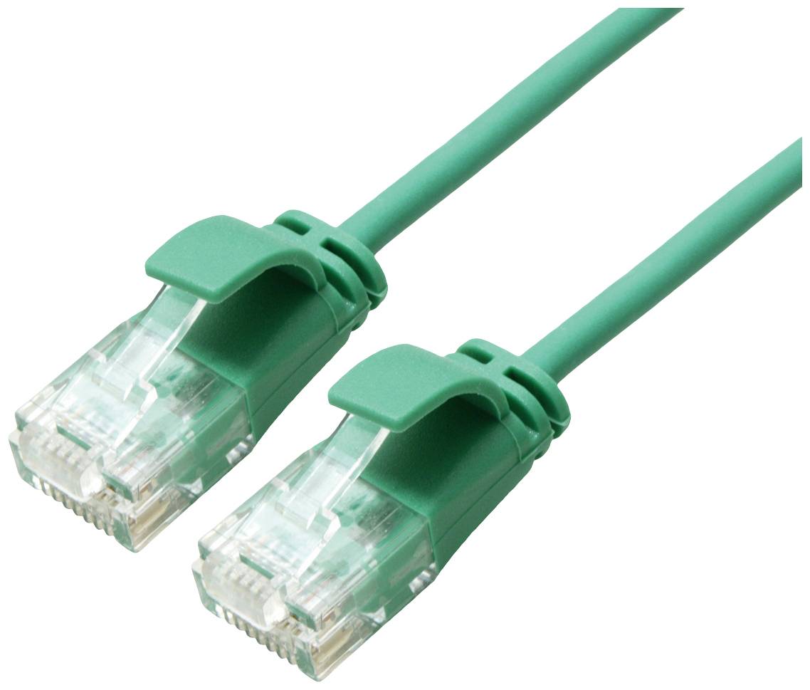 Grünes Ethernet-Kabel mit zwei RJ-45-Steckern, verbunden für Netzwerk- oder Internetanschluss.