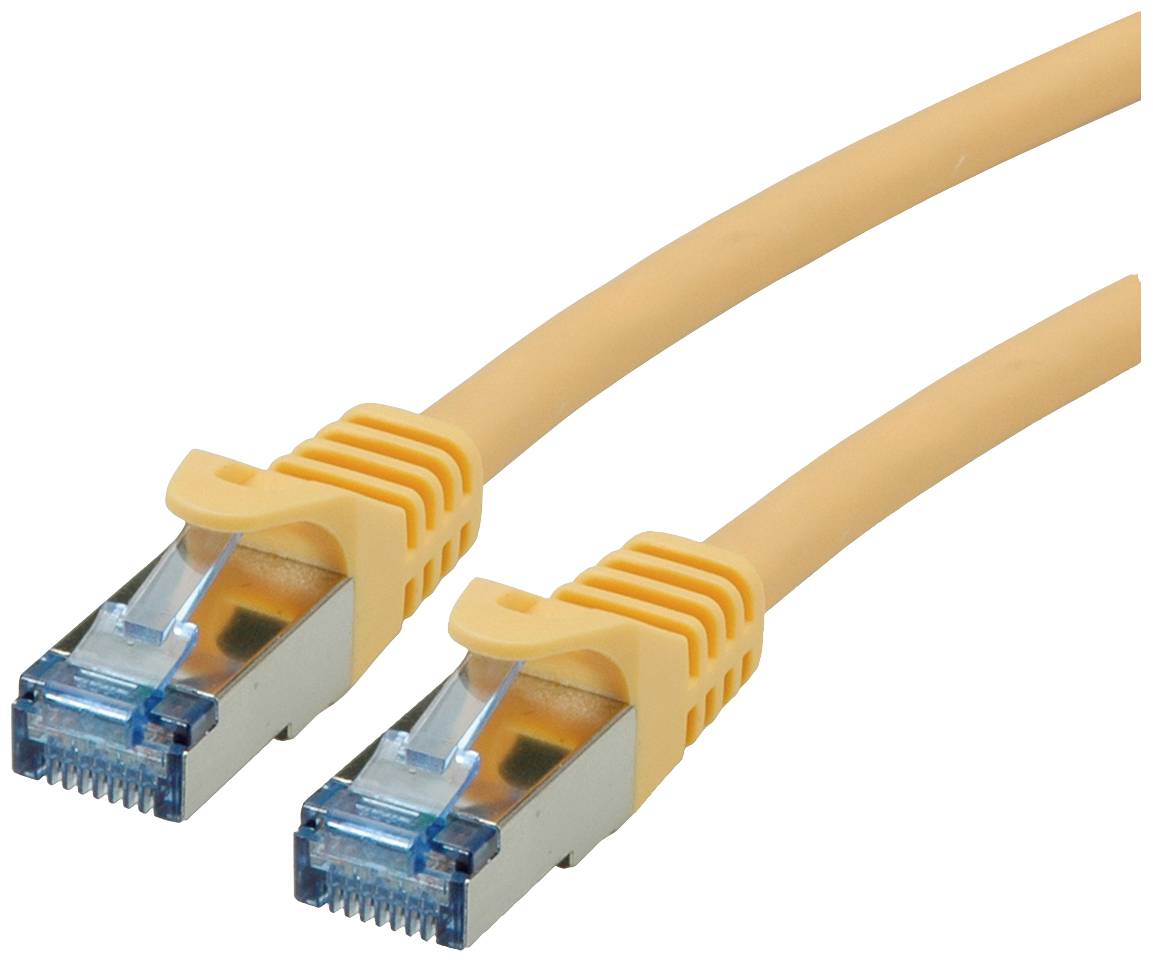 Zwei orangefarbene Ethernet-Kabel mit Metallsteckern, die nebeneinander liegen.