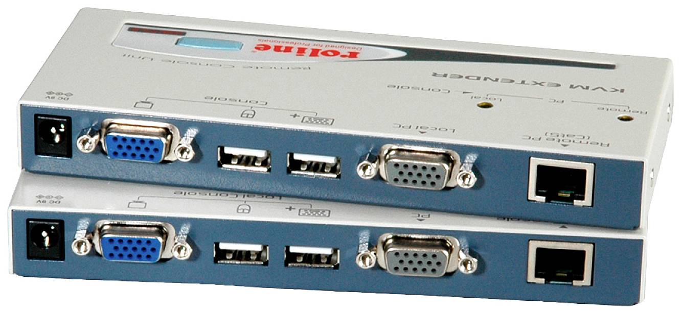 Zwei silberne KVM-Extender mit blauen VGA-Anschlüssen, USB-Ports und Ethernet-Anschlüssen.