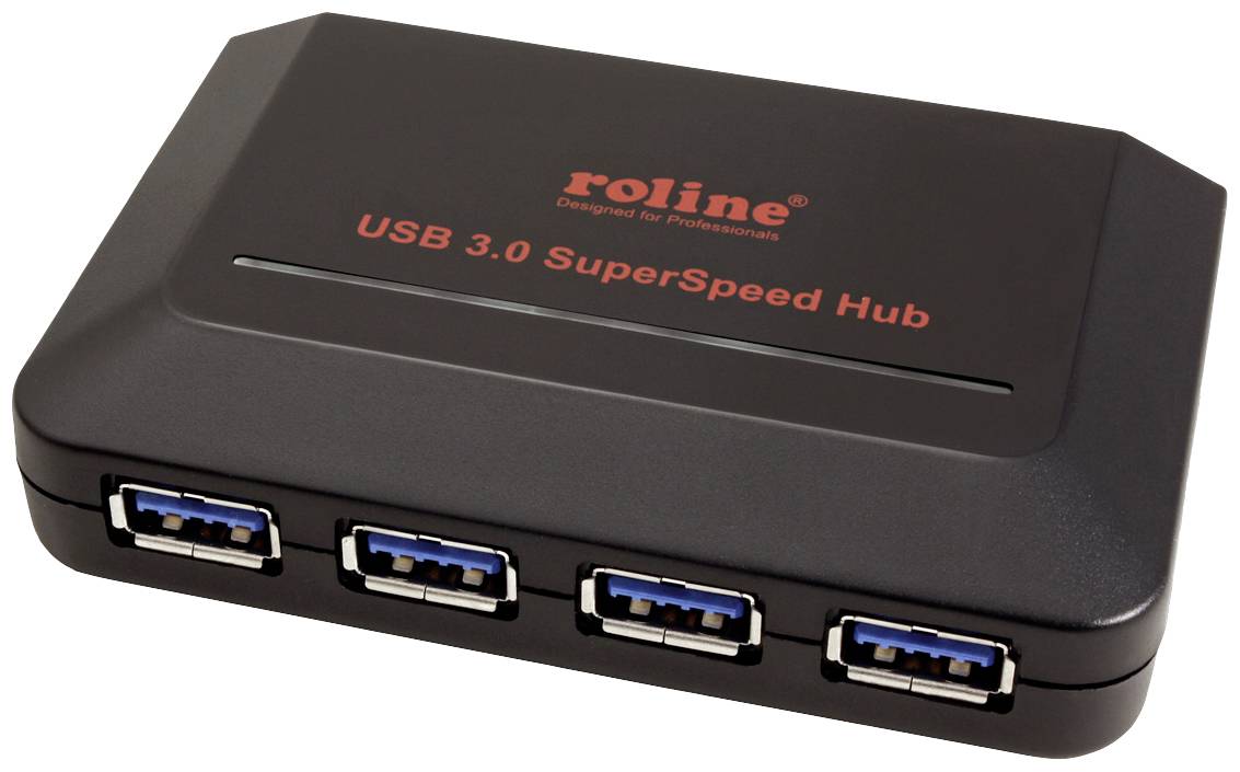 Schwarzer USB 3.0 SuperSpeed Hub mit vier blauen USB-Anschlüssen, Markenaufdruck 'roline' oben. Entworfen für schnelle Datenübertragung.
