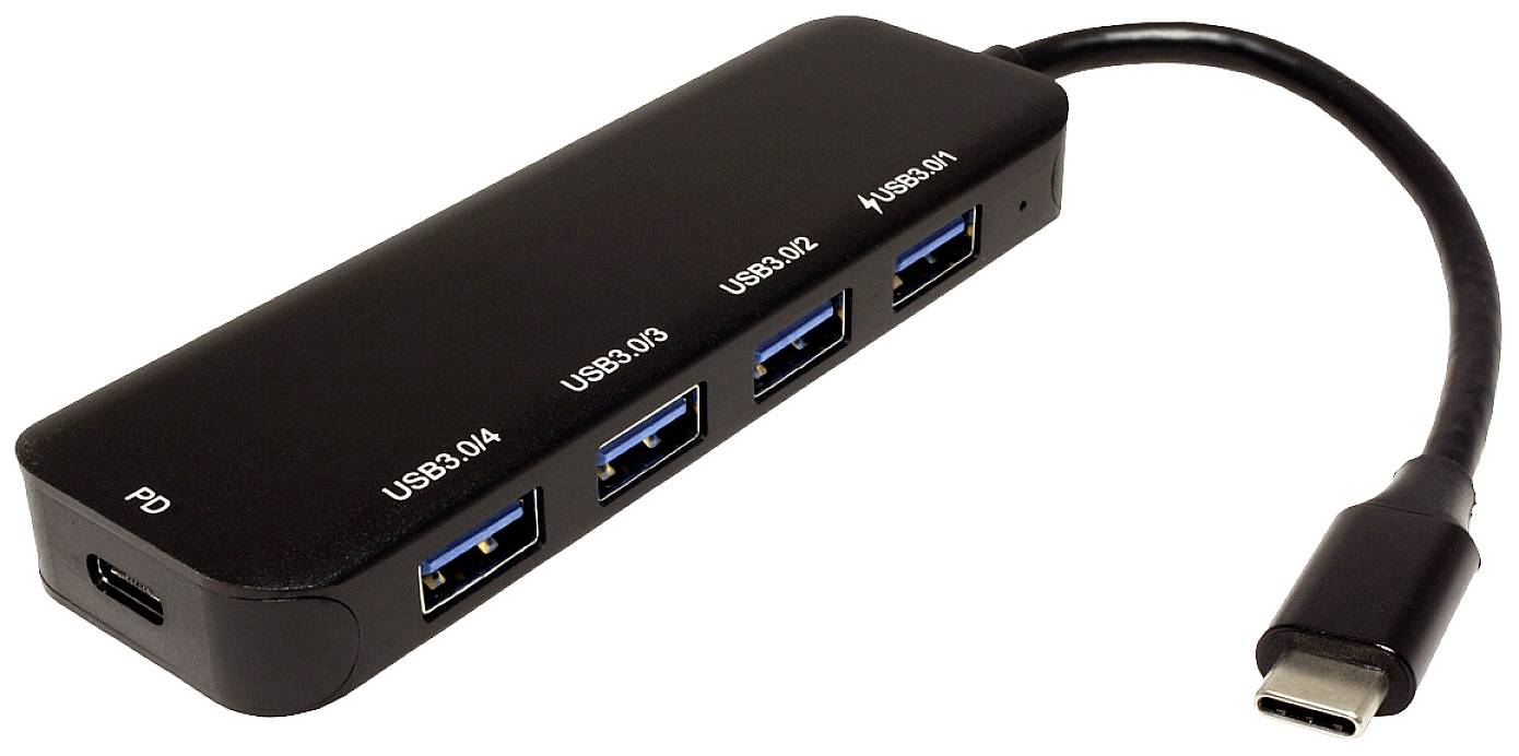 USB-C-Hub mit vier USB-3.0-Anschlüssen und einem USB-C-Anschluss zur Stromversorgung. Gerät zur Verbindung mehrerer USB-Geräte.