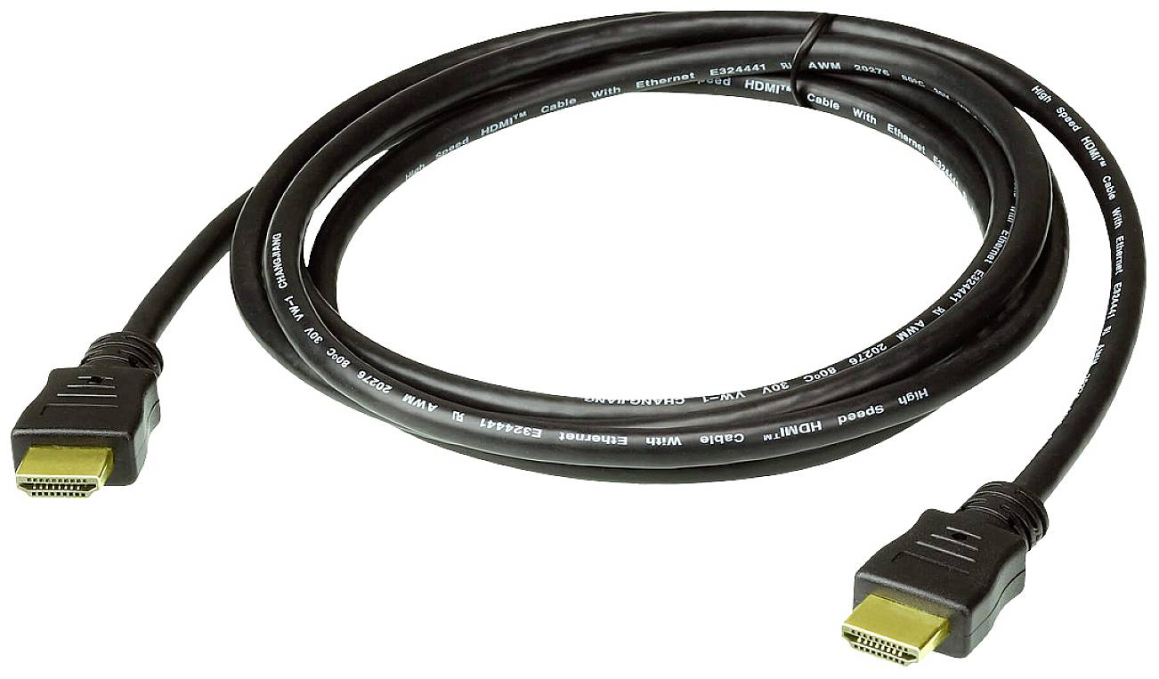 Schwarzes HDMI-Kabel mit zwei Steckverbindern, das für die Übertragung von Audio- und Videosignalen zwischen Geräten verwendet wird.