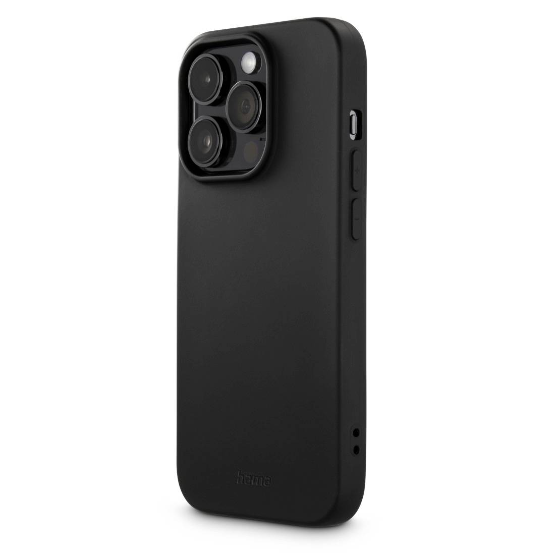 Ein schwarzes Smartphone mit einer quadratischen Kamera auf der Rückseite. Es liegt schräg, sodass die Seitenansicht sichtbar ist.