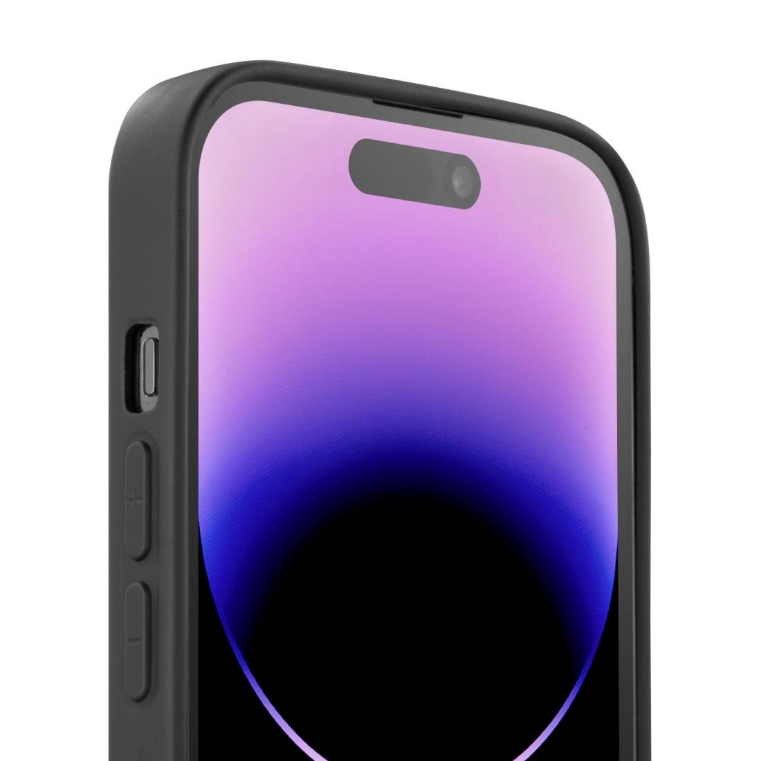 Ein Smartphone mit schwarzem Rahmen, der Bildschirm zeigt einen abstrakten Farbverlauf von Lila zu Blau und Schwarz.