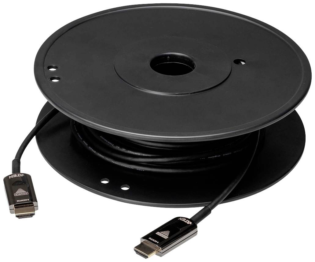 Eine schwarze Kabeltrommel mit aufgerolltem HDMI-Kabel, dessen Anschlüsse sichtbar sind.