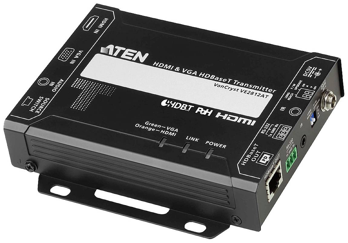 Ein HDMI- und VGA-HDBaseT-Sendergerät mit mehreren Anschlussmöglichkeiten und Kontrollanzeigen auf der Oberfläche. Markenname sichtbar.