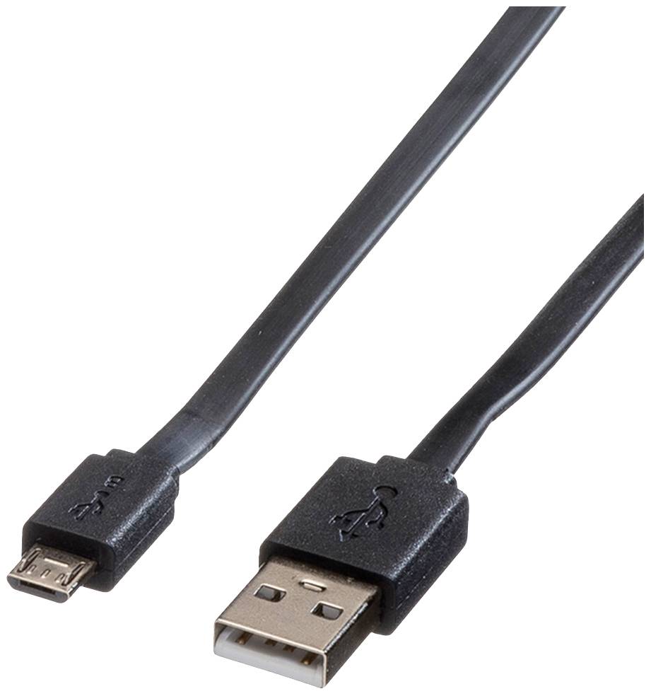 Ein schwarzes USB-Kabel mit einem USB-Stecker auf der einen Seite und einem Micro-USB-Stecker auf der anderen Seite.