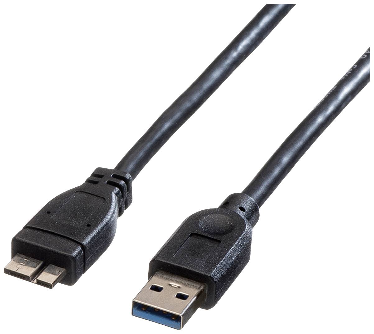 Ein schwarzes USB-Kabel mit zwei verschiedenen Steckertypen an den Enden, einem USB-A-Stecker und einem Micro-USB-Stecker.