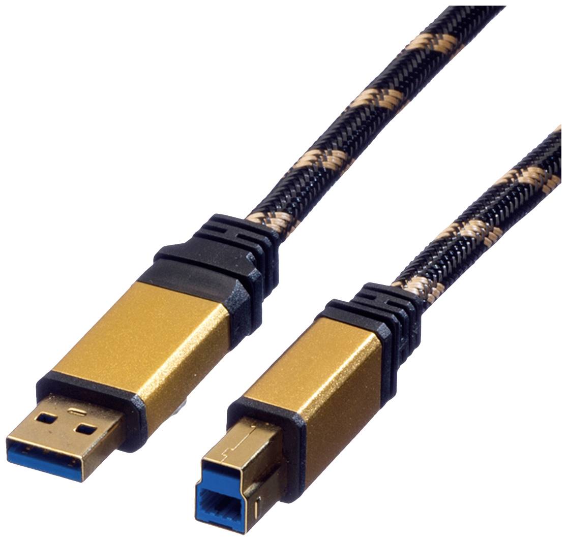 Zwei USB-Kabel mit goldenen Steckern und geflochtener Ummantelung; eines mit USB-A-Stecker, das andere mit einem USB-B-Stecker.