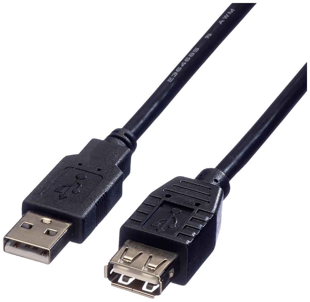 Schwarzes USB-Verlängerungskabel mit einem Standard-USB-Stecker und einer USB-Buchse.