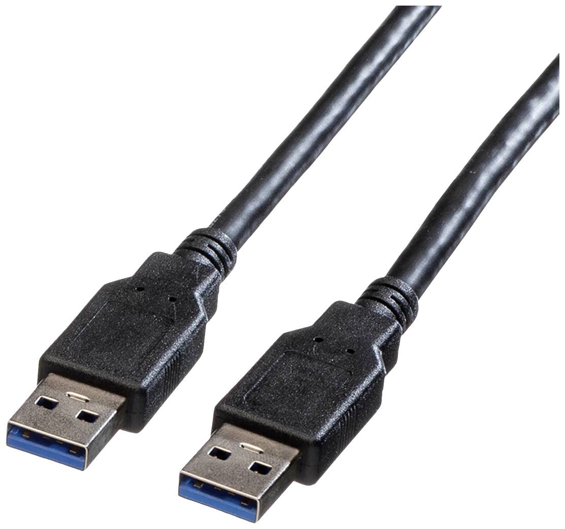 Zwei schwarze USB-Kabel mit blauen Innenanschlüssen, geeignet für Datenübertragungen und Verbindungen zwischen Geräten.