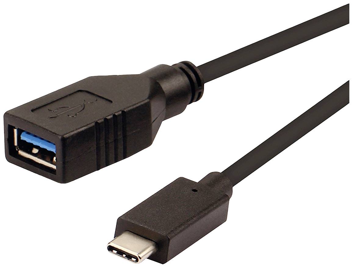 Ein USB-Kabel mit einem USB-C-Stecker auf der einen Seite und einem USB-A-Buchse auf der anderen Seite, schwarz.