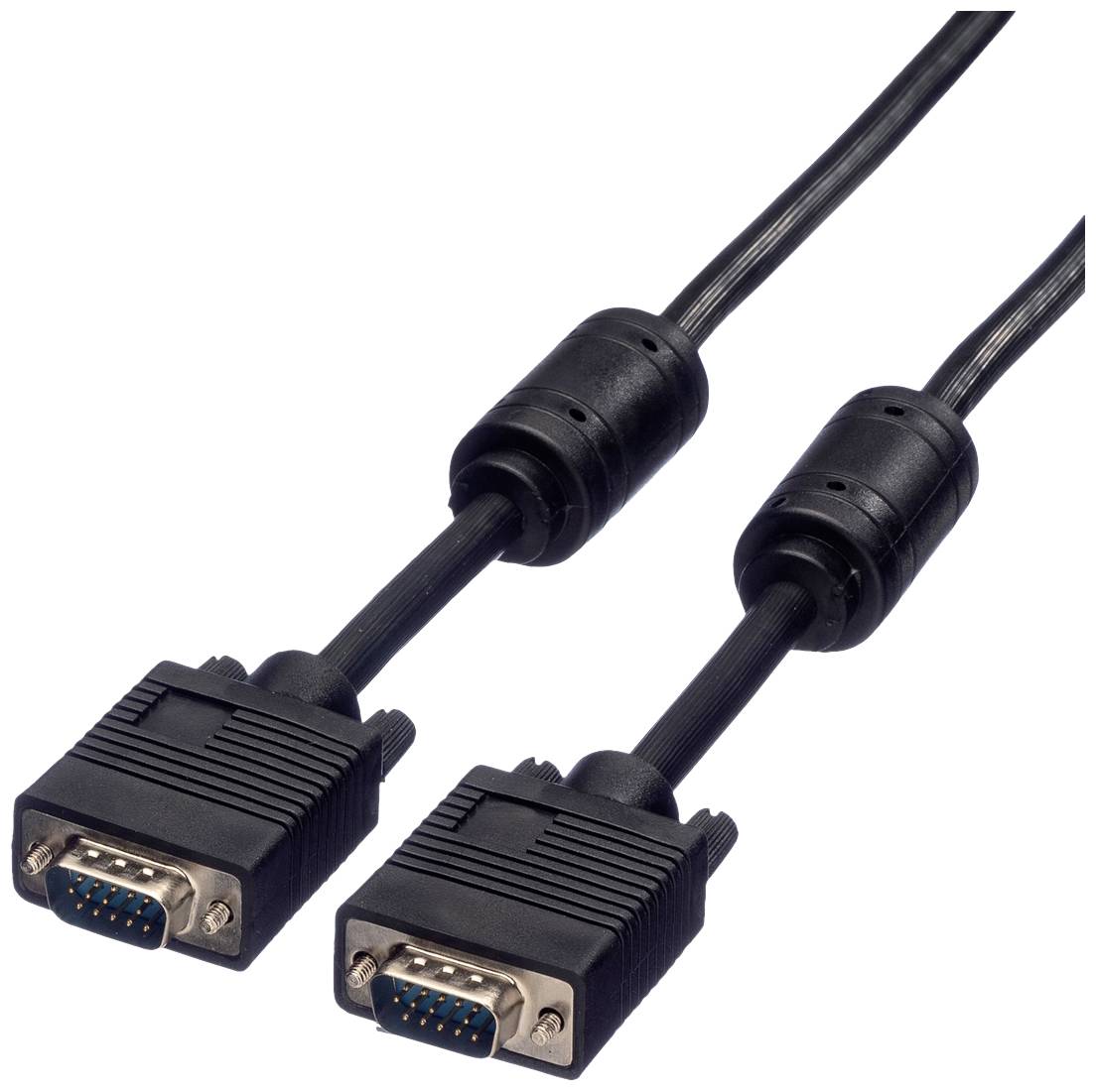 Zwei VGA-Steckerkabel mit schwarzen Ferritkernen zur Rauschunterdrückung, oft verwendet für den Anschluss von Monitoren an Computer.