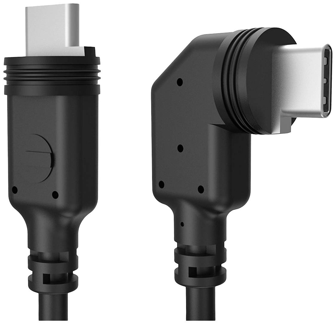 Zwei schwarze USB-C-Stecker: einer gerade, einer abgewinkelt. Beide haben robuste Kabelanschlüsse und ein modernes Design.