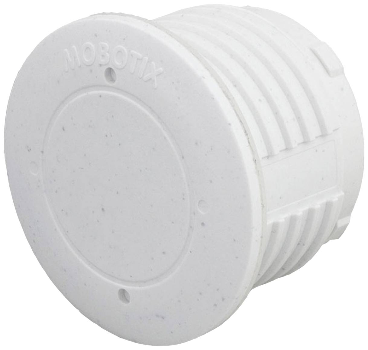 Ein zylinderförmiger Sensor von MOBOTIX, weiß, mit Rillen an der Seite. Designed zur Montage, wahrscheinlich für Sicherheits- oder Überwachungsanwendungen.