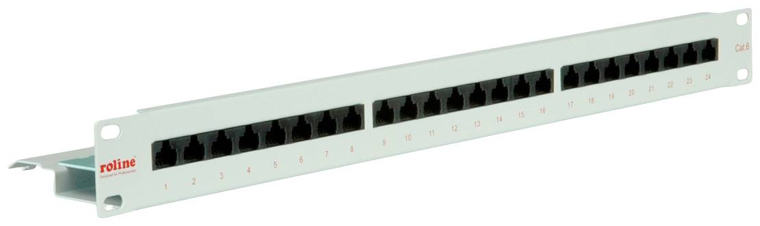 Ein Patchpanel mit 24 RJ45-Anschlüssen, verwendet zur Organisation von Netzwerkverbindungen in einem Server- oder Netzwerk-Rack.