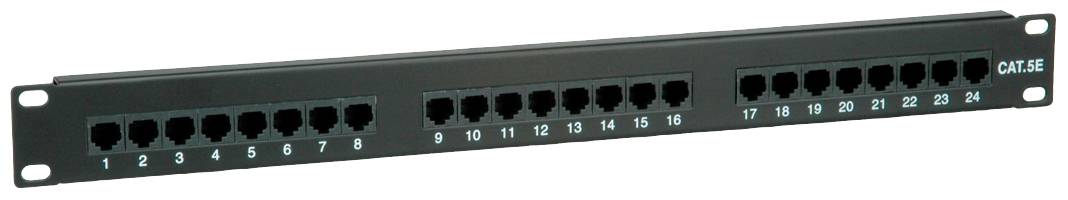 Patchpanel mit 24 nummerierten Ethernet-Ports für Netzwerkkabelverwaltung. Modell: CAT.5E.