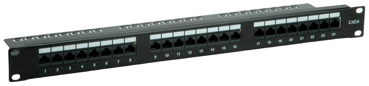 Netzwerk-Patchpanel mit 24 nummerierten RJ45-Anschlüssen, geeignet für die Organisation und Verwaltung von Netzwerkverbindungen.