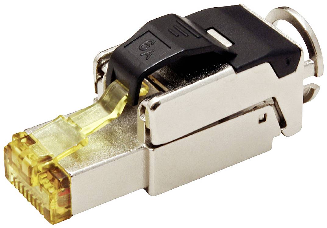 Metallener RJ-45-Stecker mit schwarzem Kunststoffclip, geeignet für Netzwerkverbindungen, zeigt robuste Bauweise für Ethernet-Kabel.