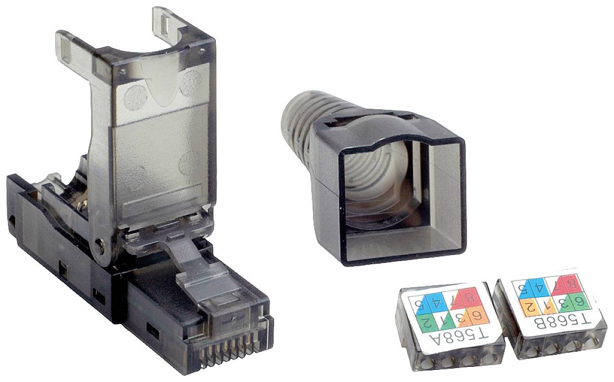 Ein Ethernet-RJ45-Stecker-Set mit Abdeckung und zwei farbcodierten Einsetzungen zur Kabelorganisation.