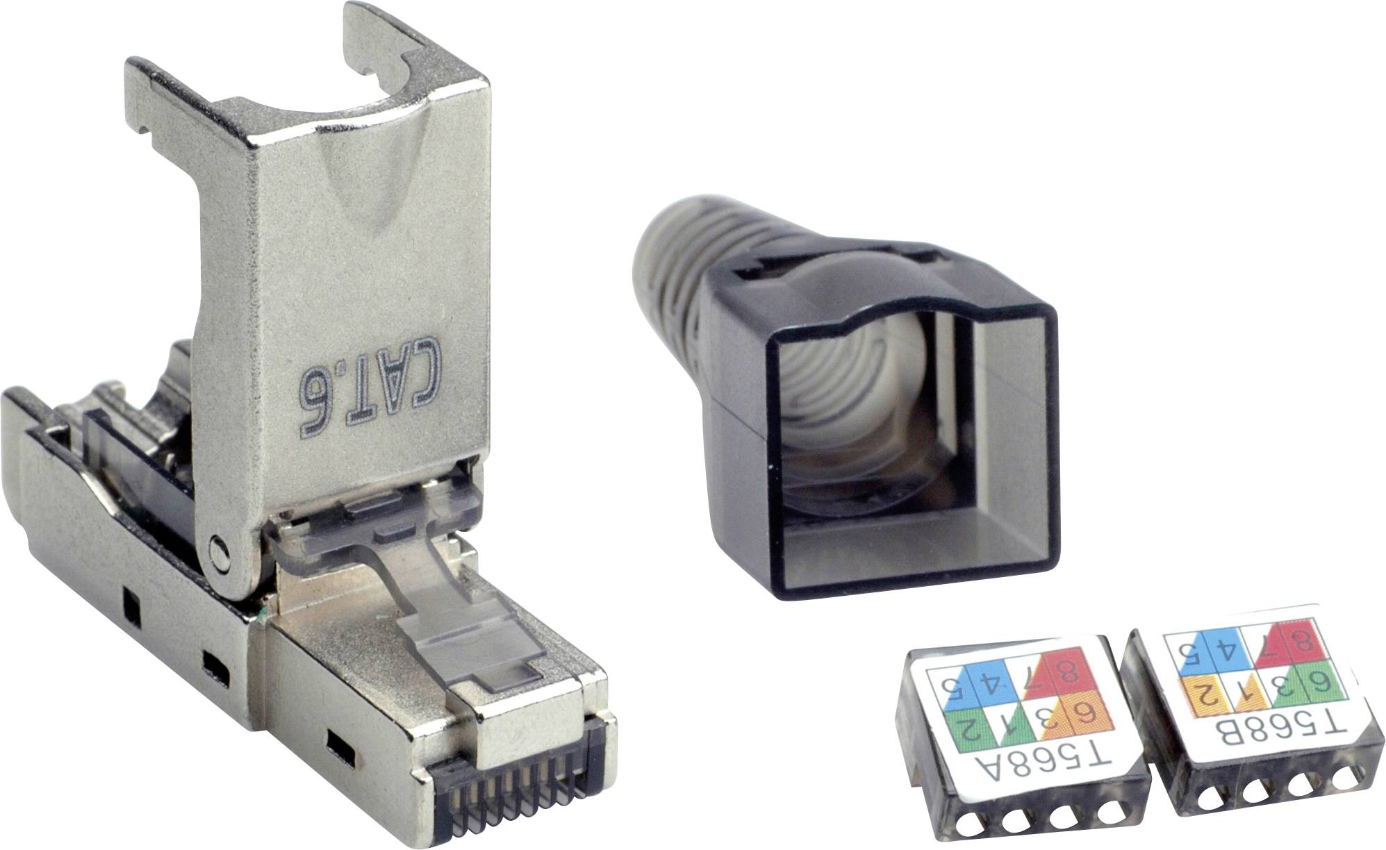 Metallisch glänzender RJ45-Stecker (CAT 6) für Ethernet-Kabel neben Kunststoffkapuze und Beschriftungsteilen mit Farbcodes.