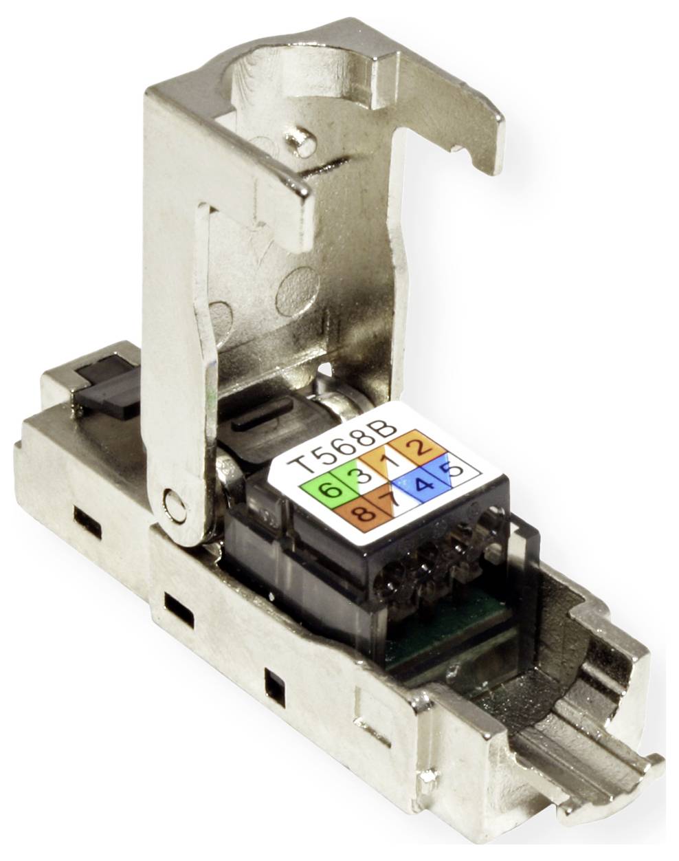 Ein RJ45 Keystone-Buchsen-Modul mit Metallgehäuse und Farbkodierung für die T568B-Verkabelung, zur Verbindung von Netzwerkkabeln.