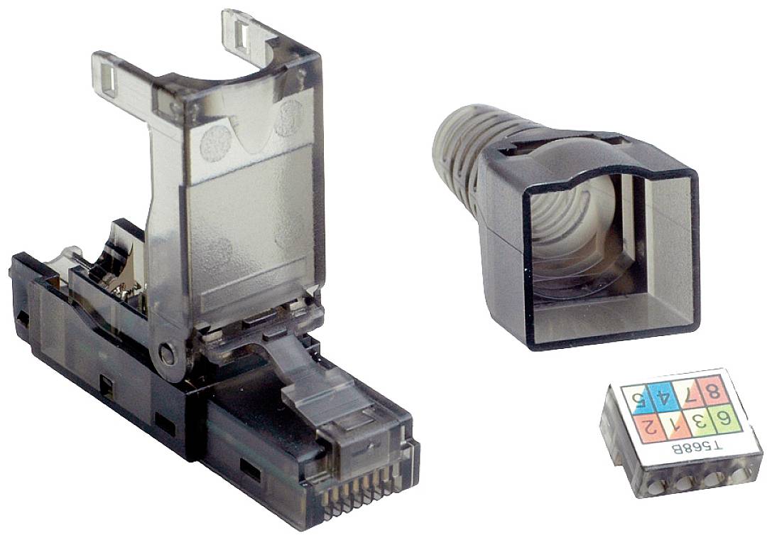 Ein montierbarer Ethernet-RJ45-Stecker mit Farbcode-Schaltplan, Rückteil und Kabelabdeckung, zur schnellen Netzwerkverkabelung.