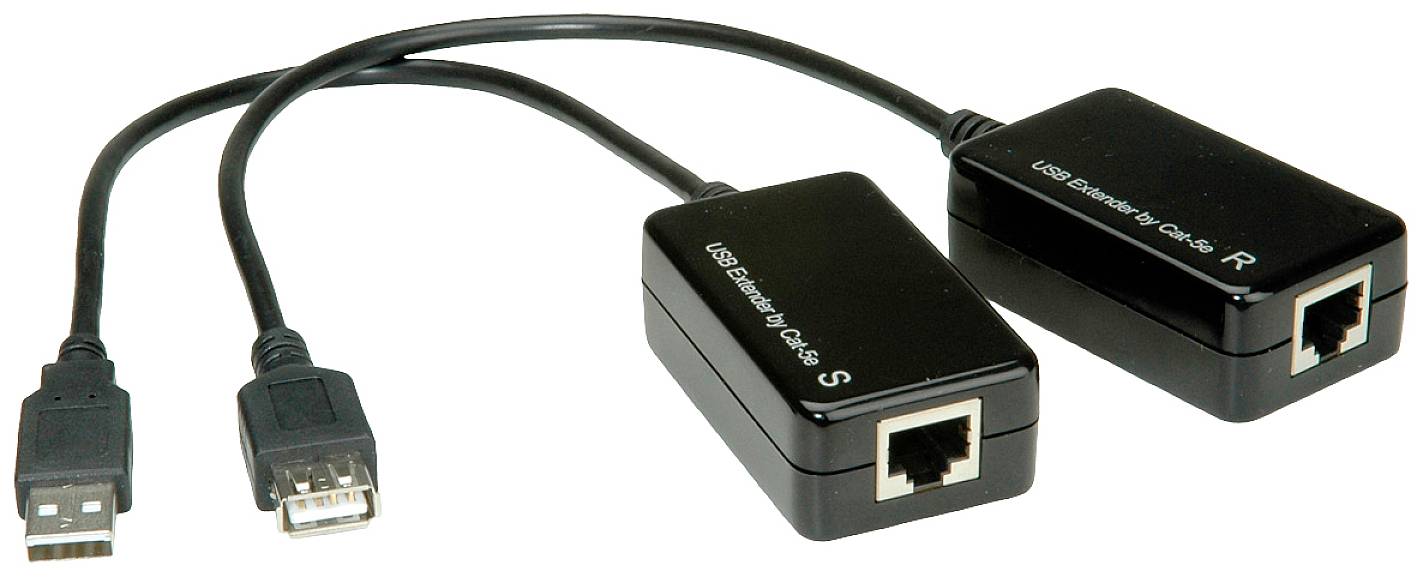 USB-Extender-Set mit zwei Netzwerkkabeladaptern, gekennzeichnet mit 'S' und 'R', verbunden durch Ethernet-Anschlüsse.