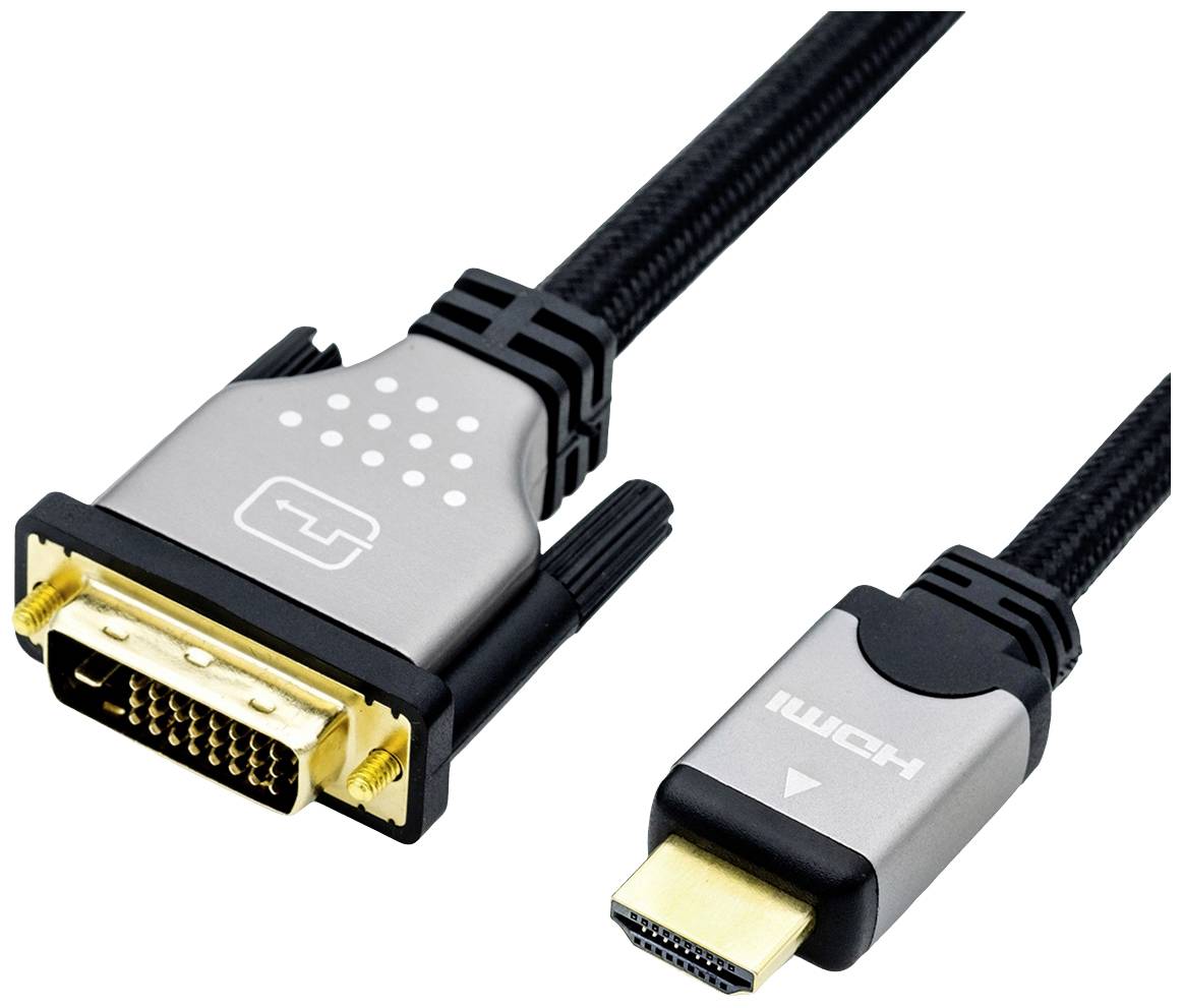 Ein DVI-zu-HDMI-Kabel verbindet Geräte zur Übertragung von digitalen Video- und Audiosignalen. Links DVI-Stecker, rechts HDMI-Stecker.