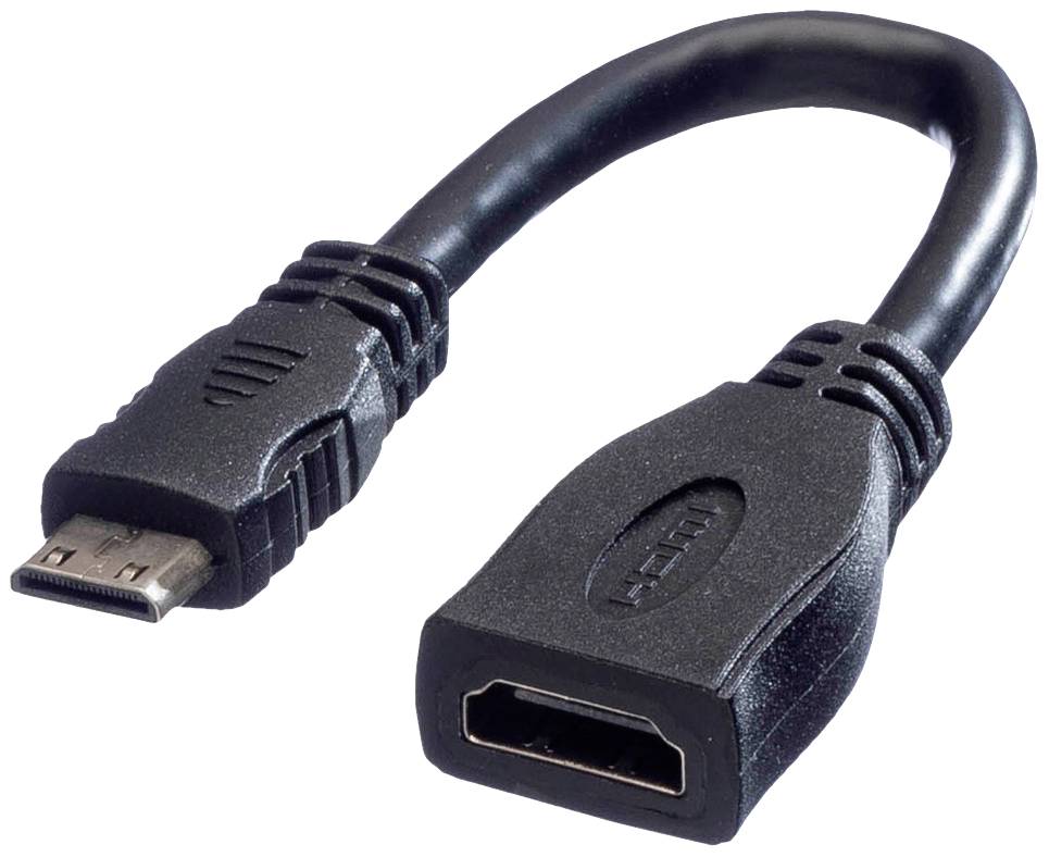 Ein kurzes HDMI-Adapterkabel, mit einem HDMI-Stecker auf der einen Seite und einer HDMI-Buchse auf der anderen, gegen einen weißen Hintergrund.
