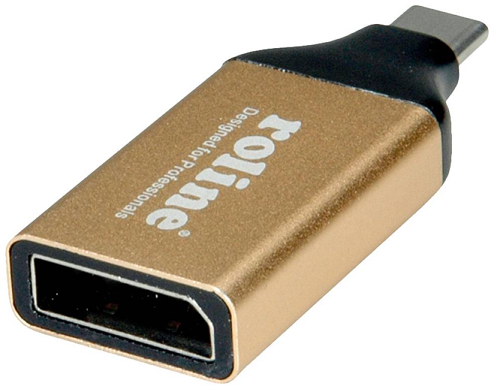 Ein goldener USB-C-auf-DisplayPort-Adapter mit Markenaufdruck in Weiß.