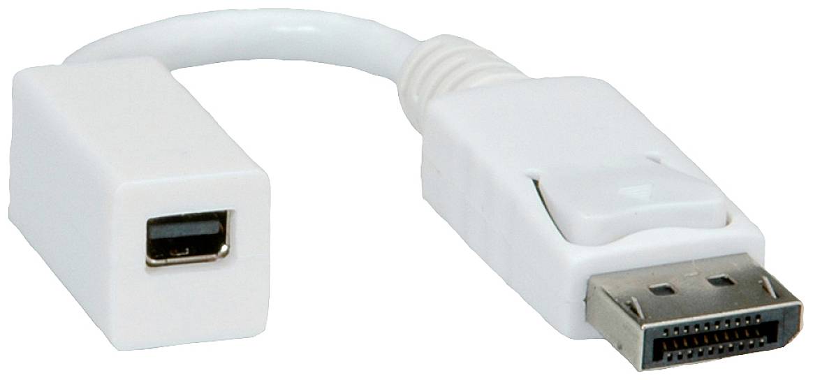 Ein weißer Adapter mit einem DisplayPort-Stecker auf der einen Seite und einer weiblichen Mini DisplayPort-Buchse auf der anderen Seite.