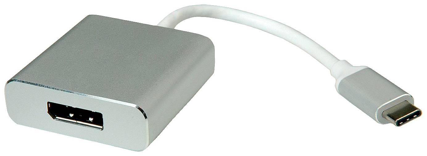 Ein silberner USB-C-auf-HDMI-Adapter mit einem kurzen, weißen Kabel. Geeignet für den Anschluss von USB-C-Geräten an HDMI-Eingänge.