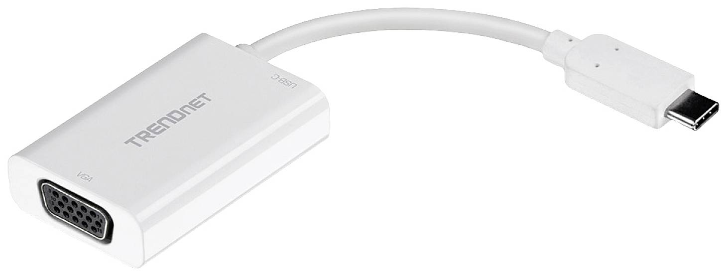 Ein weißer USB-C-zu-VGA-Adapter von TRENDnet, dargestellt mit einem kurzen Kabel und beiden Anschlüssen sichtbar.