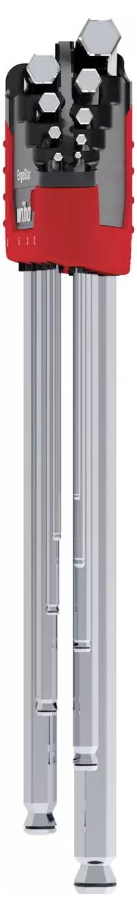 Ein Satz Sechskantschlüssel, die in einem roten Halter organisiert sind und verschiedene Größen aufweisen, die von oben herausragen und ein Werkzeug zum Anziehen von Schrauben veranschaulichen.