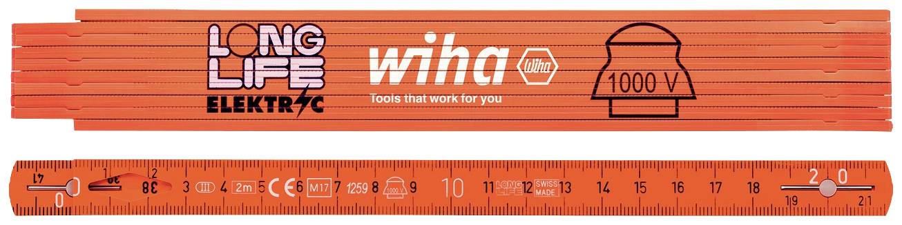 Zusammenklappbarer, oranger Zollstock mit der Aufschrift 'LOMG LIFE ELEKTROC WIHA 1000 V', ausgeklappt zeigt er bis zu 2 Meter Länge an.