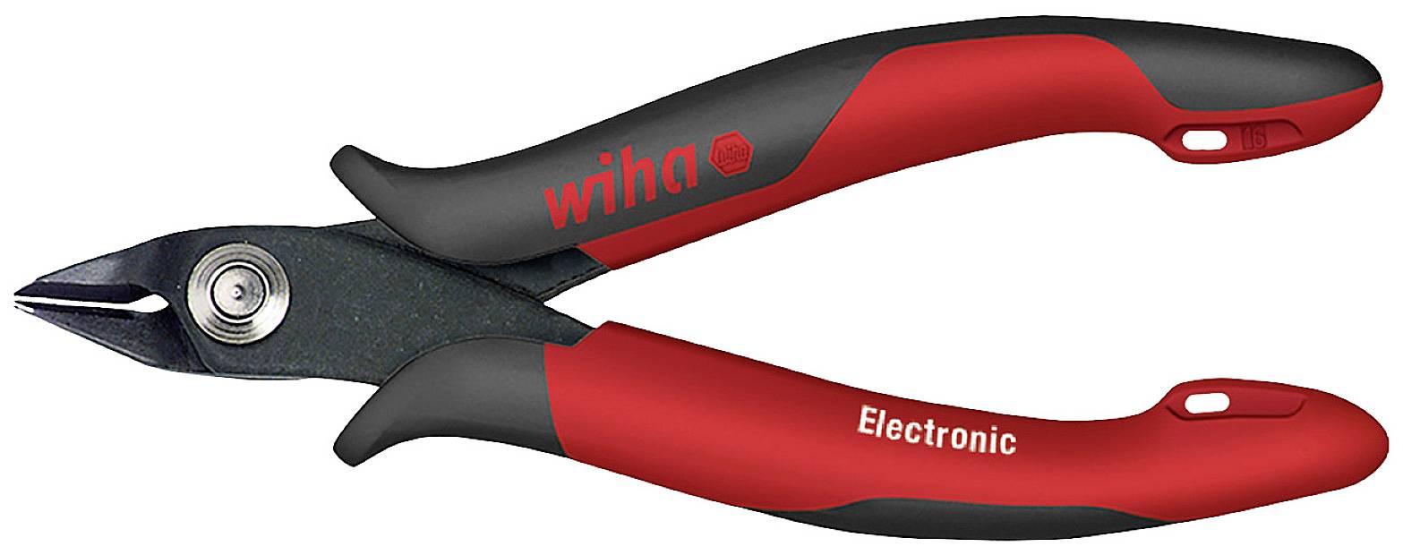 Rote und schwarze Elektronikzange mit der Aufschrift 'Wiha Electronic'. Geeignet für präzise Arbeiten in der Elektrotechnik.