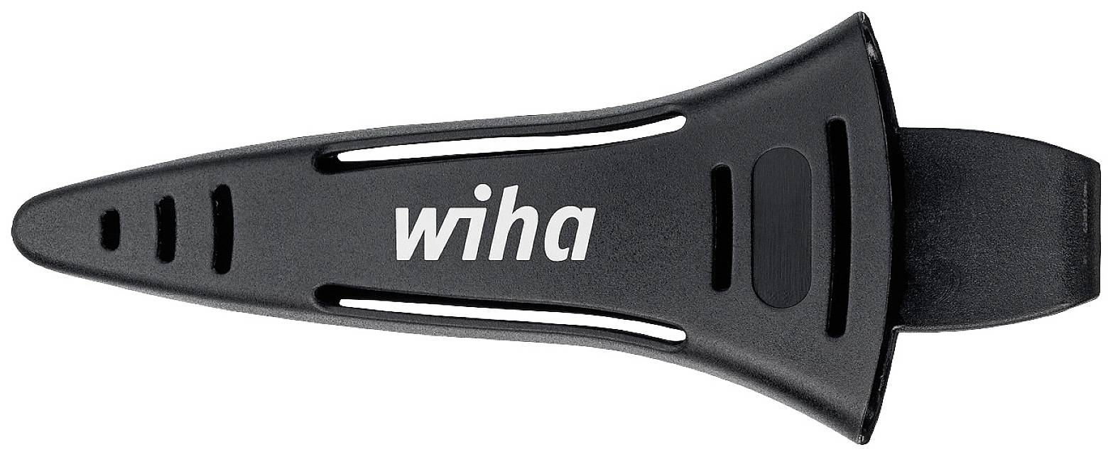 Schwarzer Kunststoffkabelhalter mit dem Logo 'wiha'. Geeignet zur Sicherung und Organisation von Kabeln, schlankes Design.