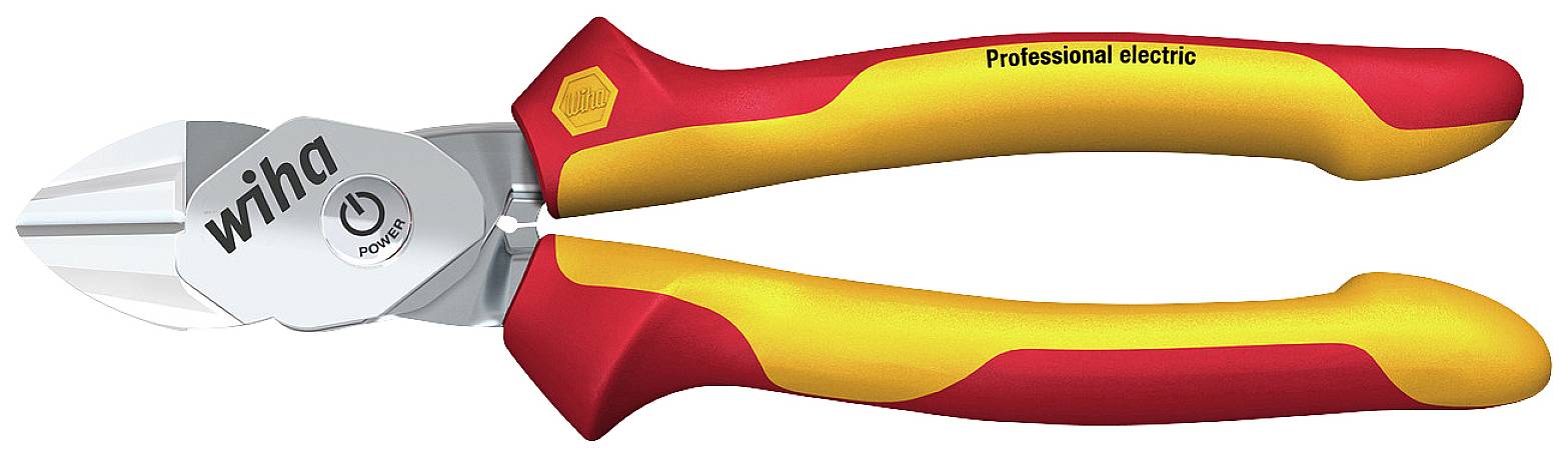 Seitenansicht eines isolierten, kabelsicheren Seitenschneiders von Wiha mit rotem und gelbem Griff. Text 'Professional electric'.