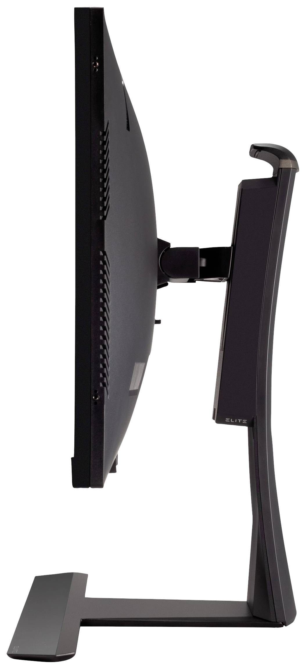 Seitenansicht eines modernen Computermonitors mit schlankem Design und gebogenem Display, montiert auf einem eleganten Ständer.