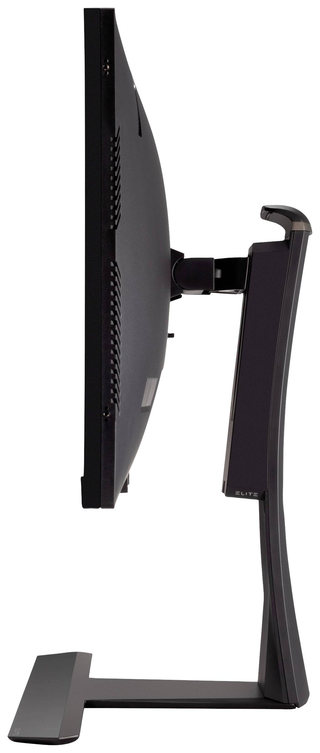 Seitenansicht eines dünnen Computermonitors auf Standfuß, zeigt schlankes Design des Bildschirms und die Halterung.